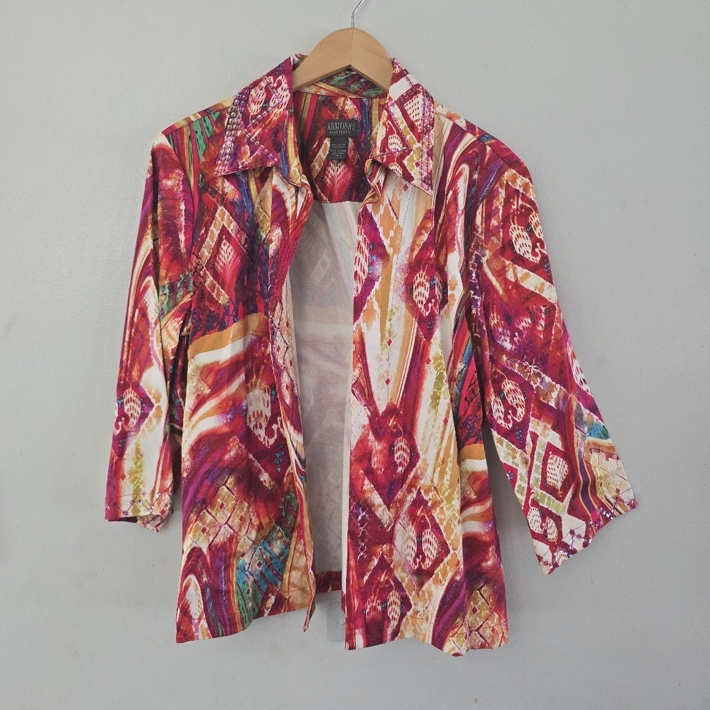 Chico's Additions Sequin Trimmed Open Front Blazer Jacket Size 2 Large Artsy